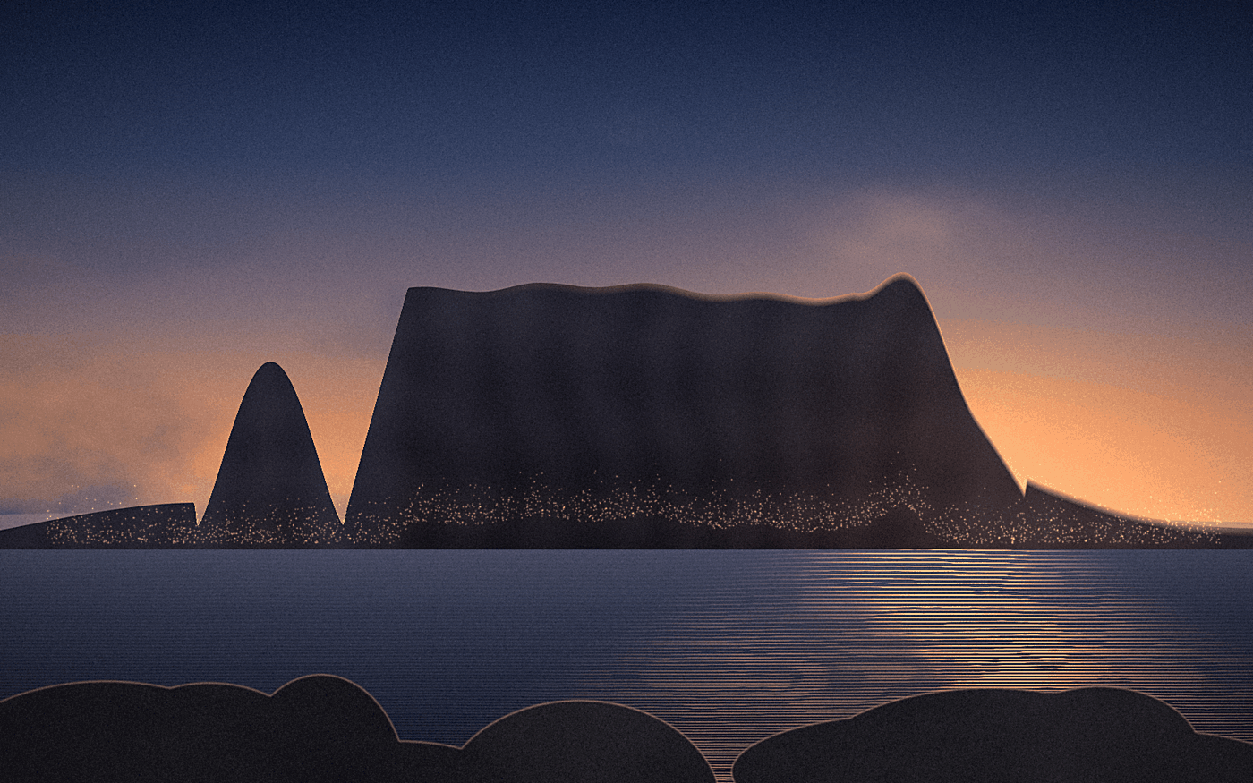 Flat-topped Table Mountain rising above Table Bay at dusk, with the lights of Cape Town along the shoreline