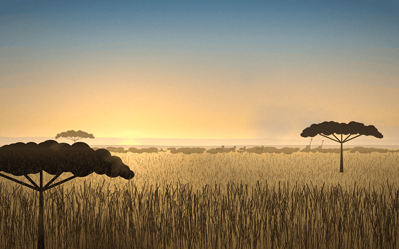 Golden-hour savanna with acacia trees, tall dry grass and distant elephants and giraffes near the horizon